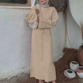 Long Sleeve High Waist Lace up Fall Winter Sweater Dress Solid Color Casual Base Knitting Long Dress